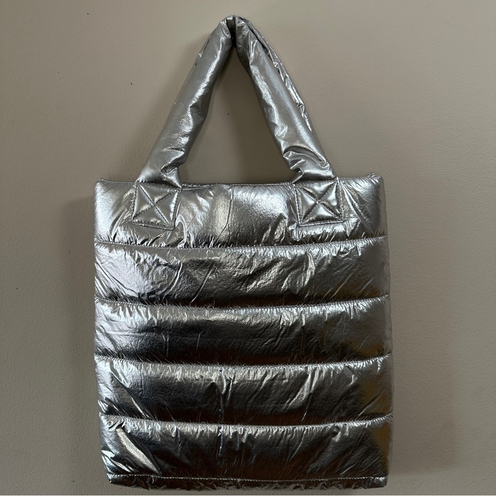 Justice Metallic Silver Puffer Tote Bag - Quilted Shiny Puffy Handbag - Hot Pink - Picture 2 of 5